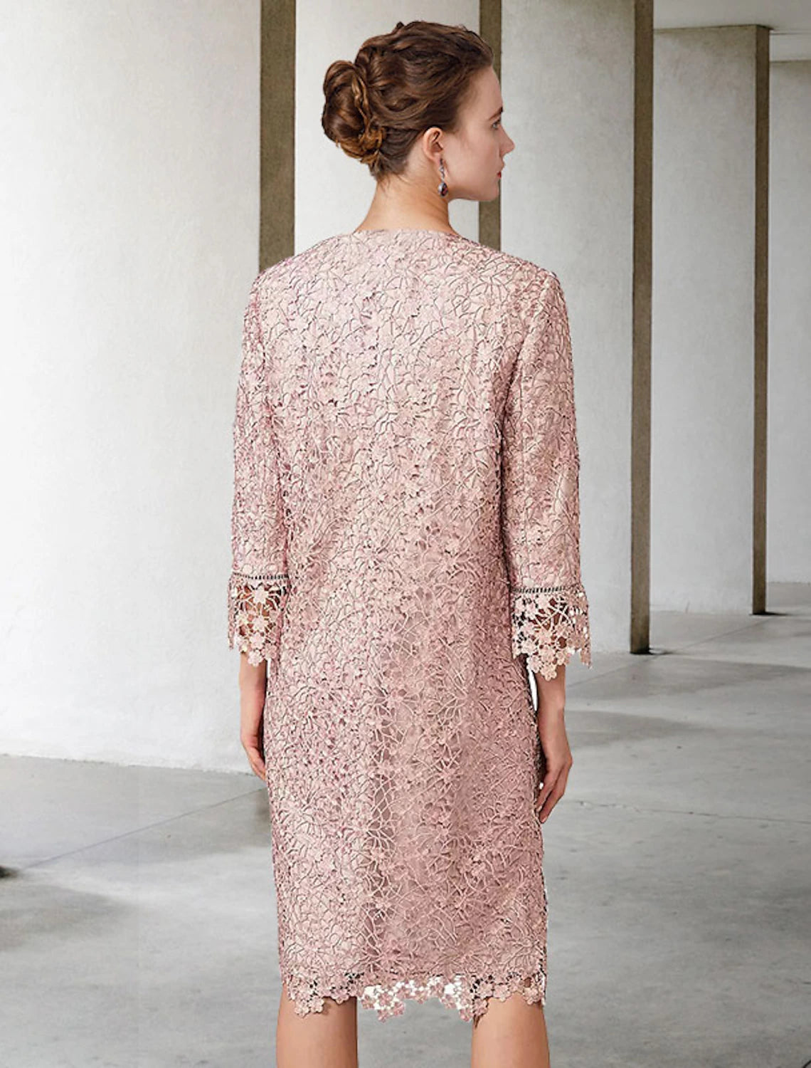 Wholesale  Two Piece Sheath / Column Mother of the Bride Dress Church Elegant Jewel Neck Knee Length Chiffon Lace Short Sleeve Jacket Dresses with Appliques